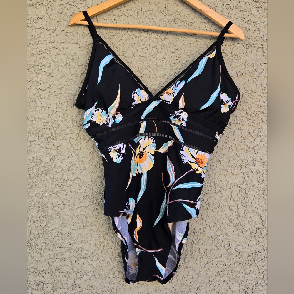 Kona Sol Black Floral One-Piece Swimsuit with Pastel Accents